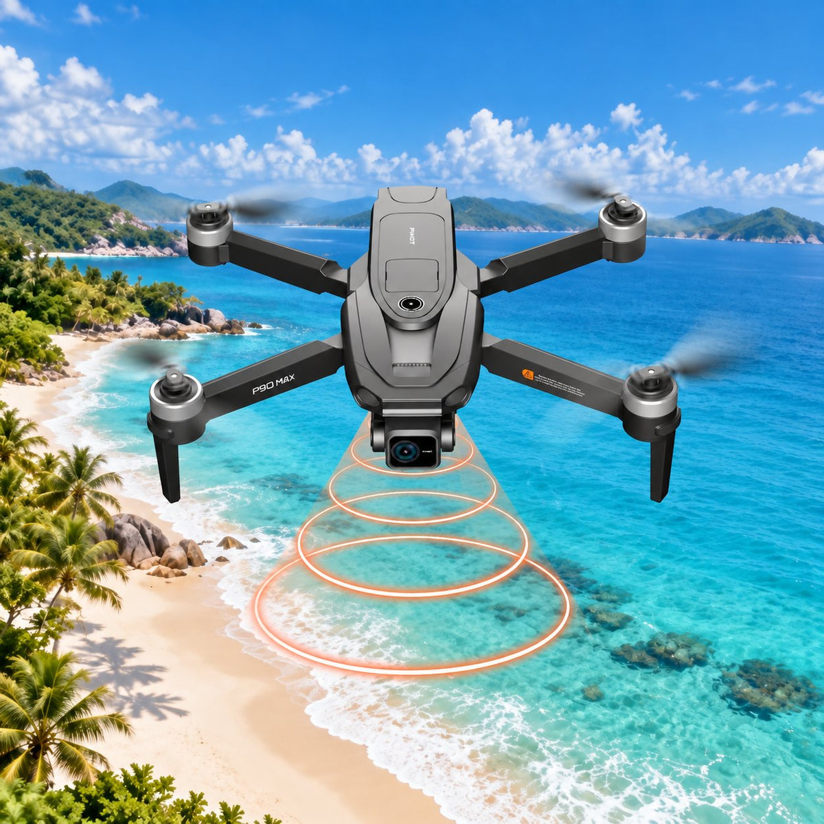 Camera drone flying over a tropical beach
