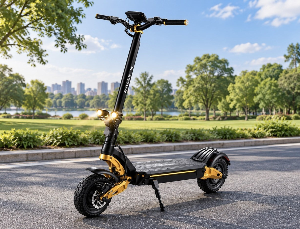 Black and gold electric scooter parked in a city park